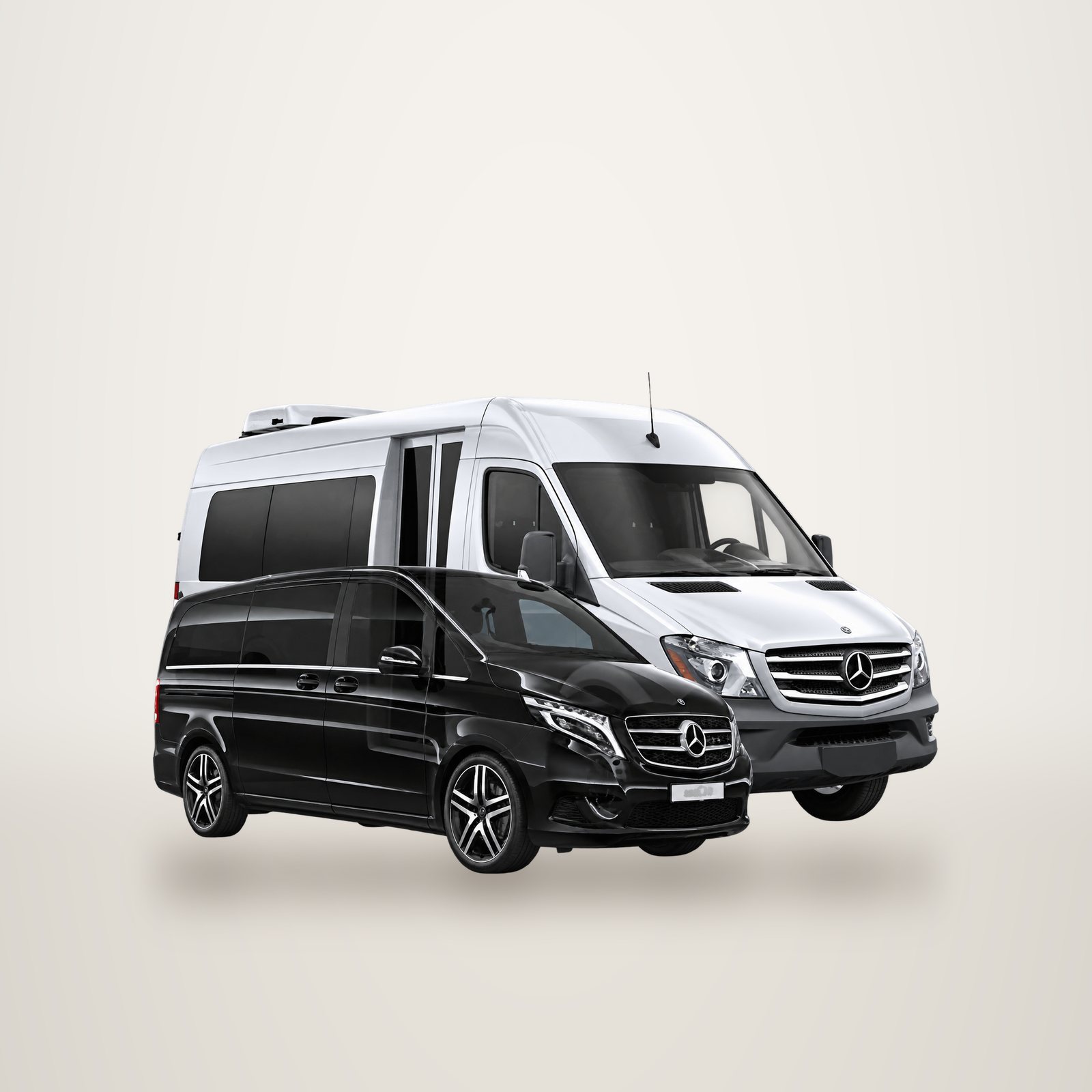 Deux minibus Mercedes Sprinter, un blanc et un noir.