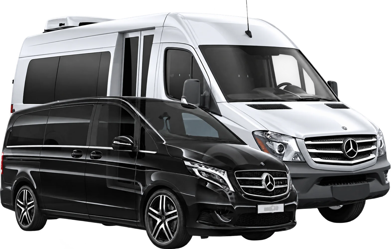 Deux minibus Mercedes, l'un argenté et l'autre noir, présentés ensemble sur un fond blanc uni.