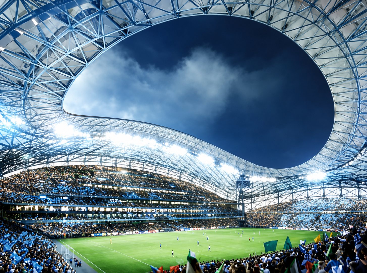 Image de synthèse de l'intérieur d'un grand stade de football avec pelouse verte, tribunes bleutées et une vaste toiture ajourée en structure métallique.