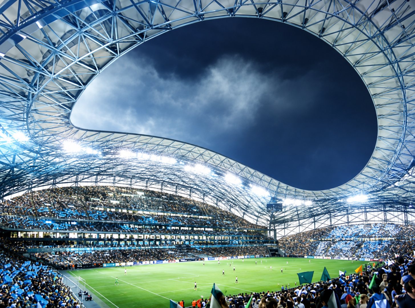 Image de synthèse de l'intérieur d'un grand stade de football, avec sa pelouse verte, ses tribunes remplies de spectateurs et son immense toit en structure métallique ouvert sur le ciel.