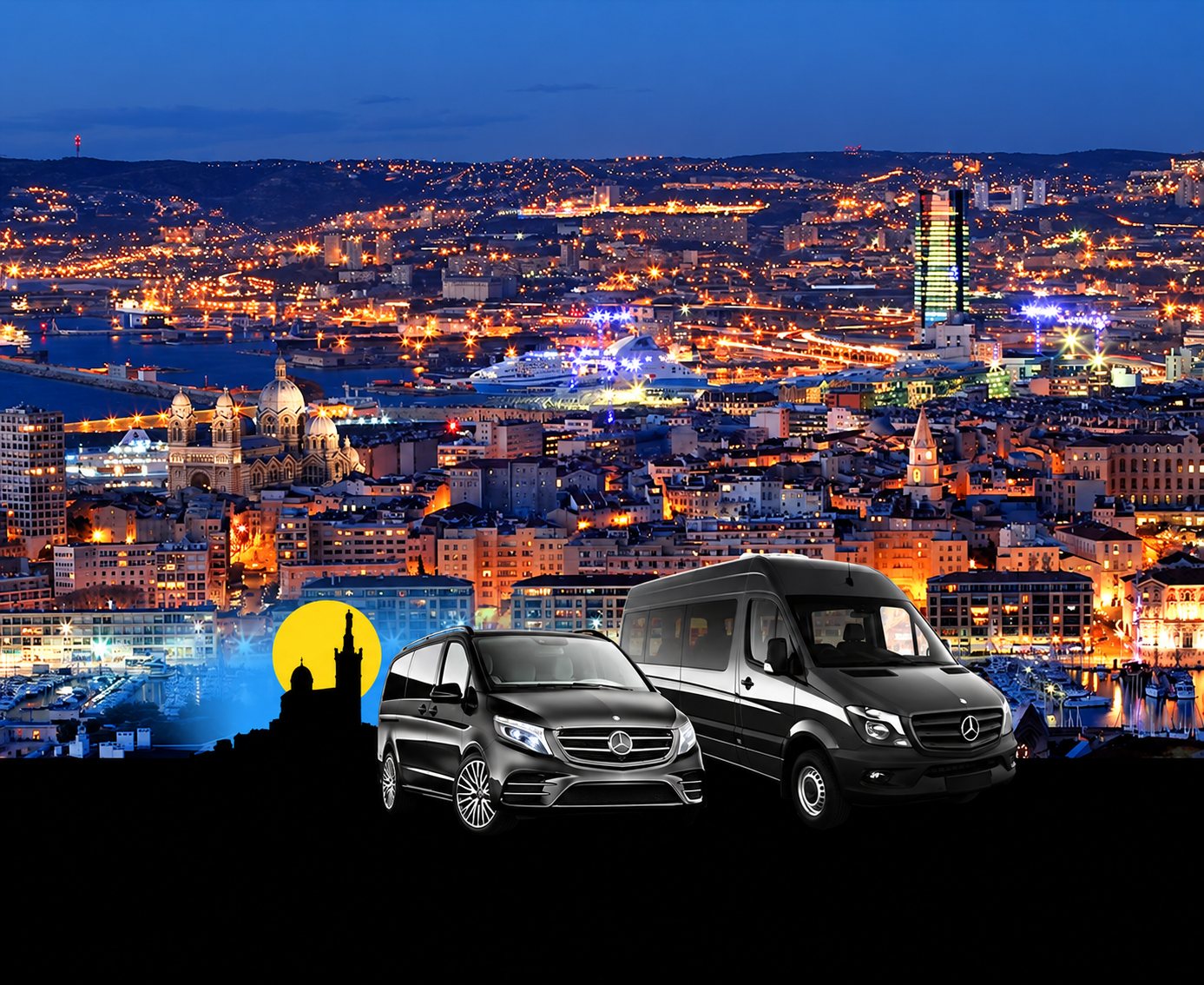 Deux véhicules Mercedes noirs, un monospace et un minibus, sont présentés devant une vue de Marseille illuminée de nuit avec la silhouette de Notre-Dame de la Garde.