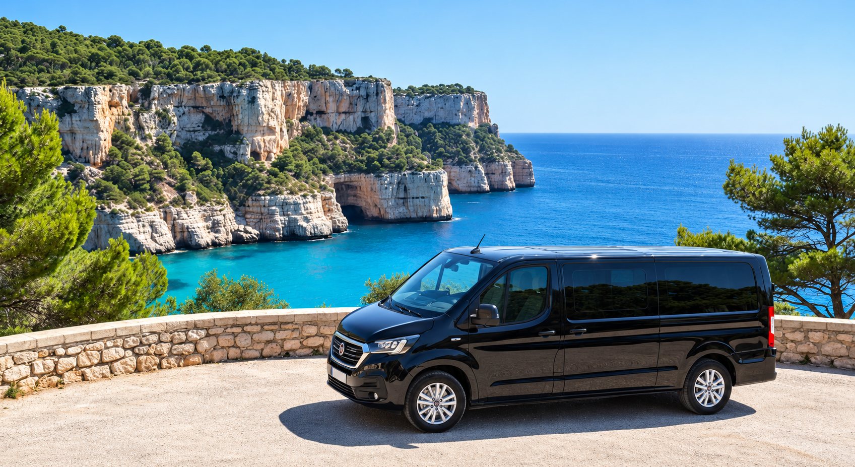 Un minibus noir est garé sur un belvédère en pierre, face à des falaises calcaires et à une mer turquoise bordée de pins.