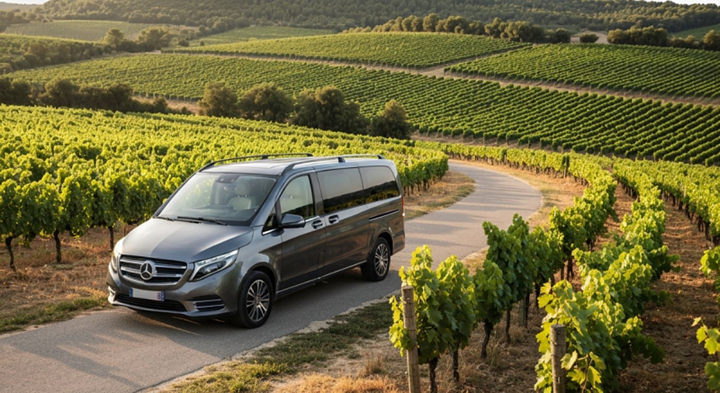 Un monospace gris de type Mercedes roule sur une petite route bordée de vignes verdoyantes, avec des collines viticoles en arrière-plan à la lumière dorée.