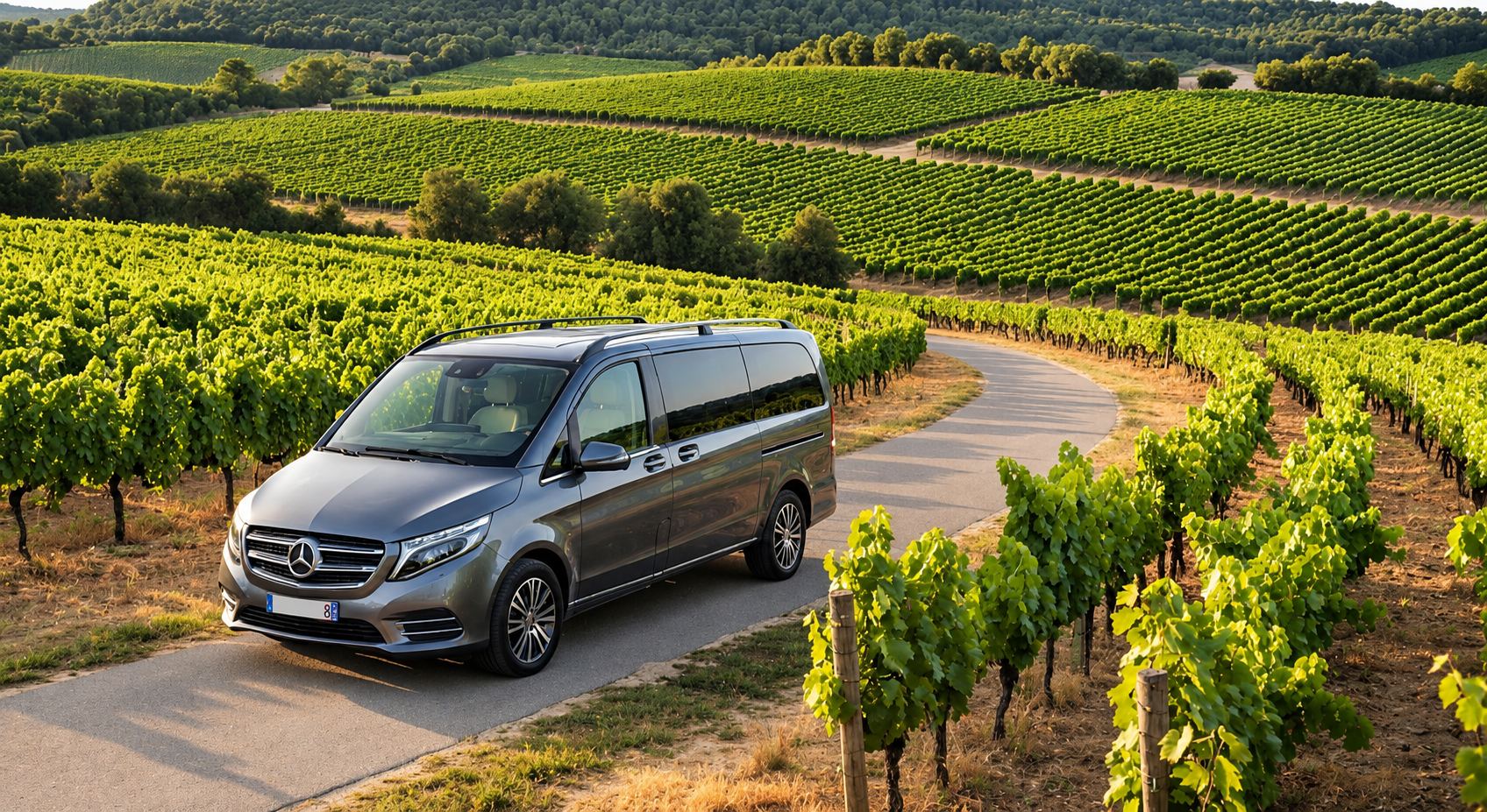 Monospace Mercedes gris sur une petite route au milieu des vignes et des collines de Provence.