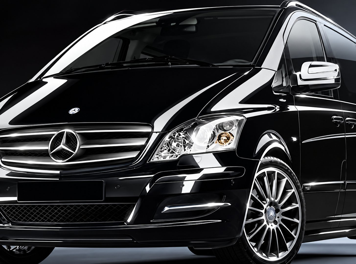 Un monospace Mercedes noir brillant photographié de trois quarts avant sur fond sombre, avec calandre chromée et jantes alliage.