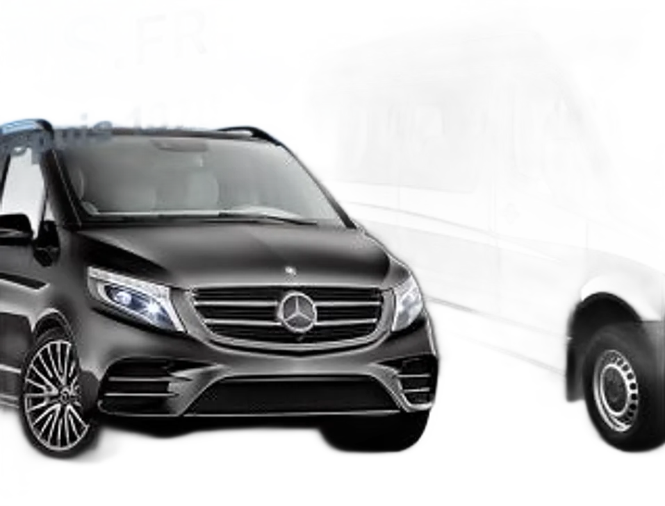 Un van Mercedes noir au premier plan et un minibus noir derrière lui, avec un logo partiellement visible en haut de l'image.