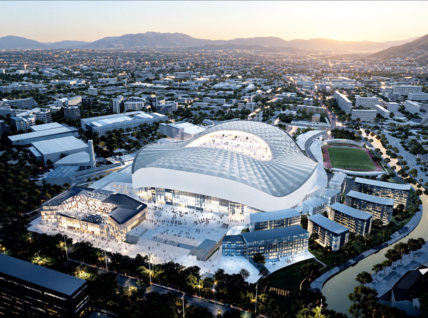 Vue aérienne en images de synthèse d'un grand stade moderne au toit translucide, entouré d'immeubles et de quartiers urbains avec des collines au loin.